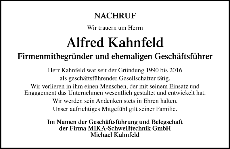  Traueranzeige für Alfred Kahnfeld vom 25.01.2020 aus Ostsee-Zeitung GmbH