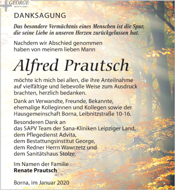 Traueranzeige von Alfred Prautsch von Leipziger Volkszeitung