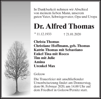 Traueranzeige von Alfred Thomas von Märkischen Allgemeine Zeitung