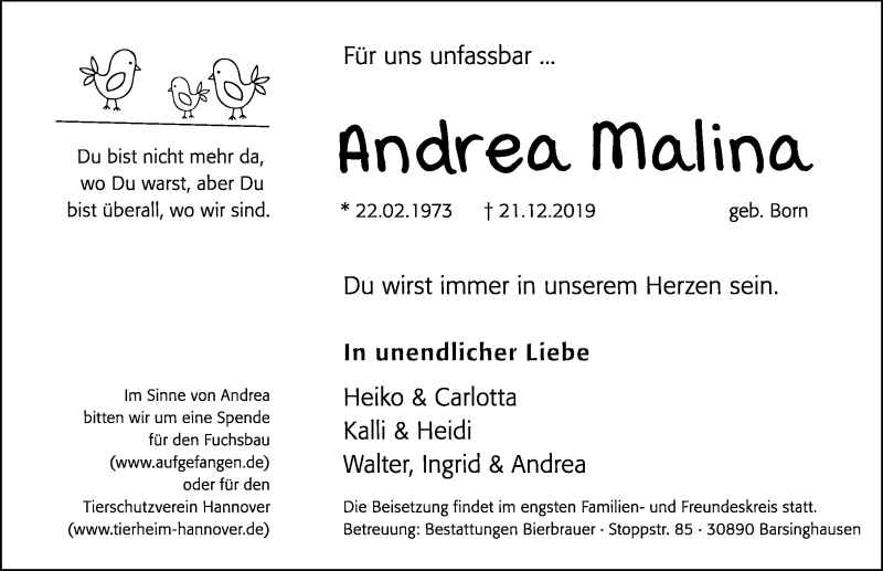  Traueranzeige für Andrea Malina vom 04.01.2020 aus Hannoversche Allgemeine Zeitung/Neue Presse