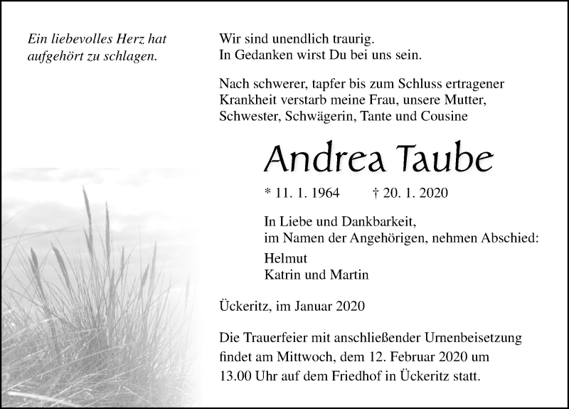  Traueranzeige für Andrea Taube vom 25.01.2020 aus Ostsee-Zeitung GmbH