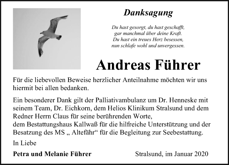  Traueranzeige für Andreas Führer vom 25.01.2020 aus Ostsee-Zeitung GmbH