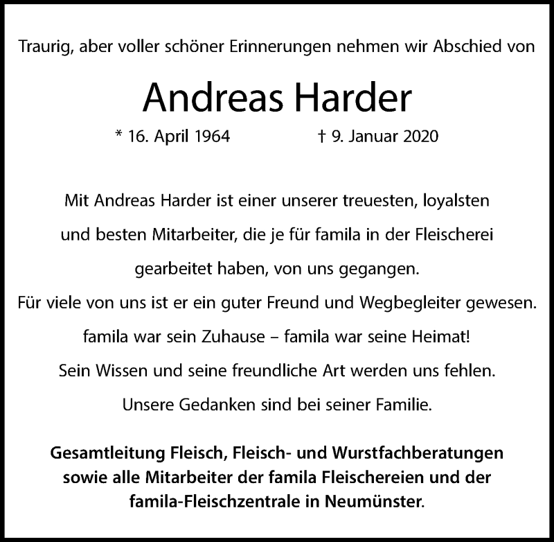  Traueranzeige für Andreas Harder vom 26.01.2020 aus Lübecker Nachrichten