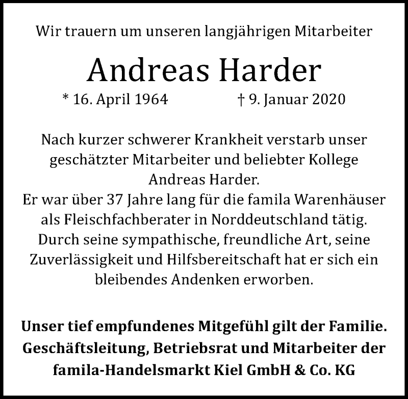  Traueranzeige für Andreas Harder vom 26.01.2020 aus Lübecker Nachrichten