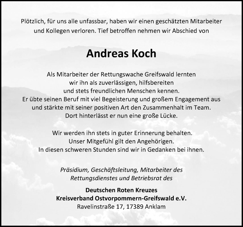  Traueranzeige für Andreas Koch vom 25.01.2020 aus Ostsee-Zeitung GmbH