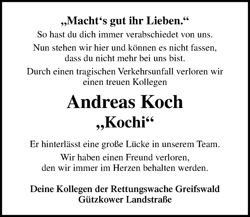  Traueranzeige für Andreas Koch vom 25.01.2020 aus Ostsee-Zeitung GmbH