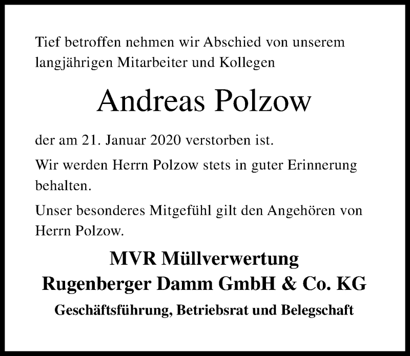 Traueranzeige für Andreas Polzow vom 30.01.2020 aus Ostsee-Zeitung GmbH