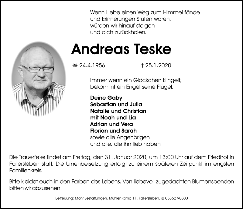  Traueranzeige für Andreas Teske vom 29.01.2020 aus Aller Zeitung