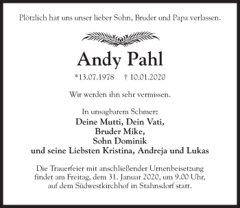 Traueranzeige von Andy Pahl von Märkischen Allgemeine Zeitung