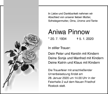 Traueranzeige von Aniwa Pinnow von Ostsee-Zeitung GmbH