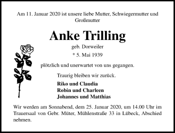 Traueranzeige von Anke Trilling von Lübecker Nachrichten