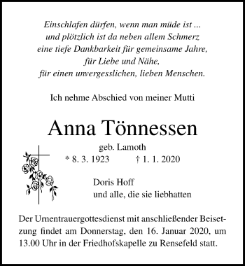 Traueranzeige von Anna Tönnessen von Lübecker Nachrichten