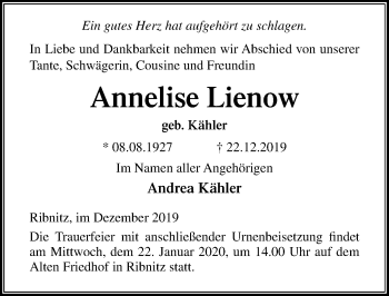 Traueranzeige von Annelise Lienow von Ostsee-Zeitung GmbH