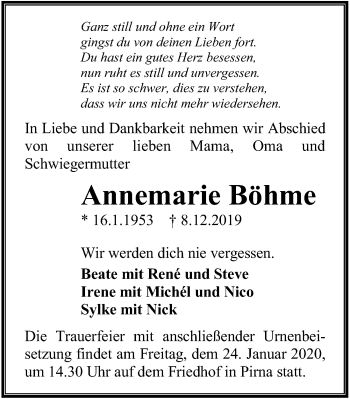 Traueranzeige von Annemarie Böhme von Ostsee-Zeitung GmbH