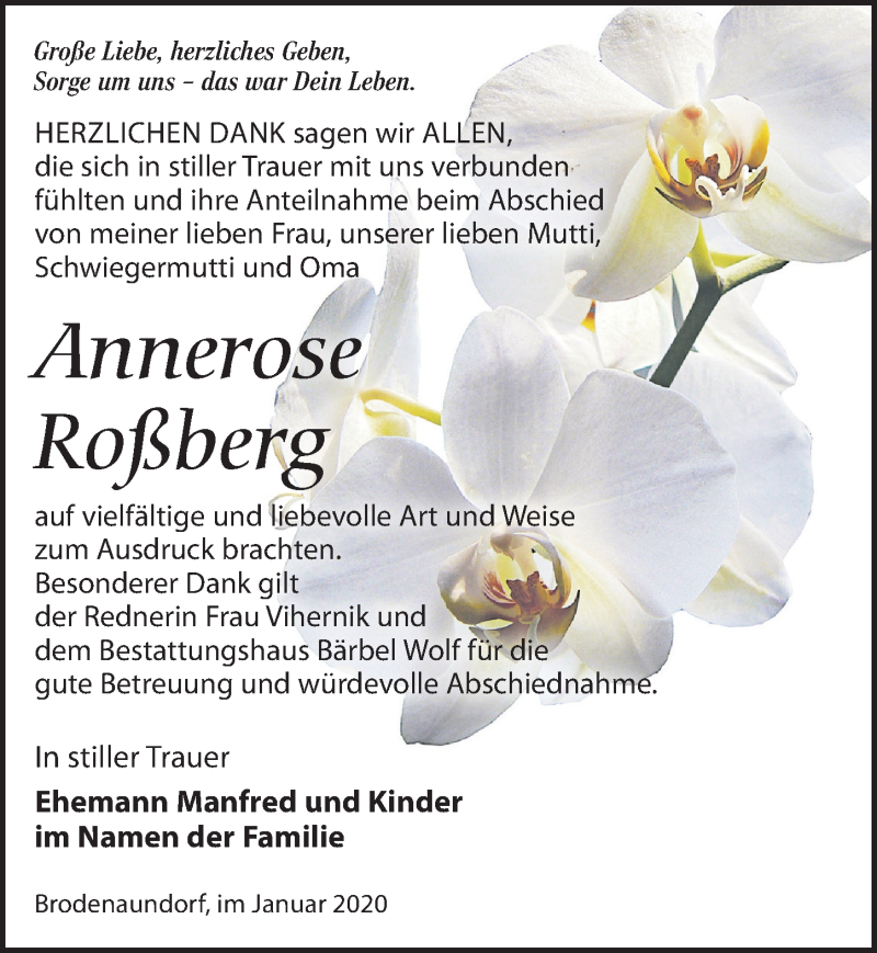  Traueranzeige für Annerose Roßberg vom 18.01.2020 aus Leipziger Volkszeitung