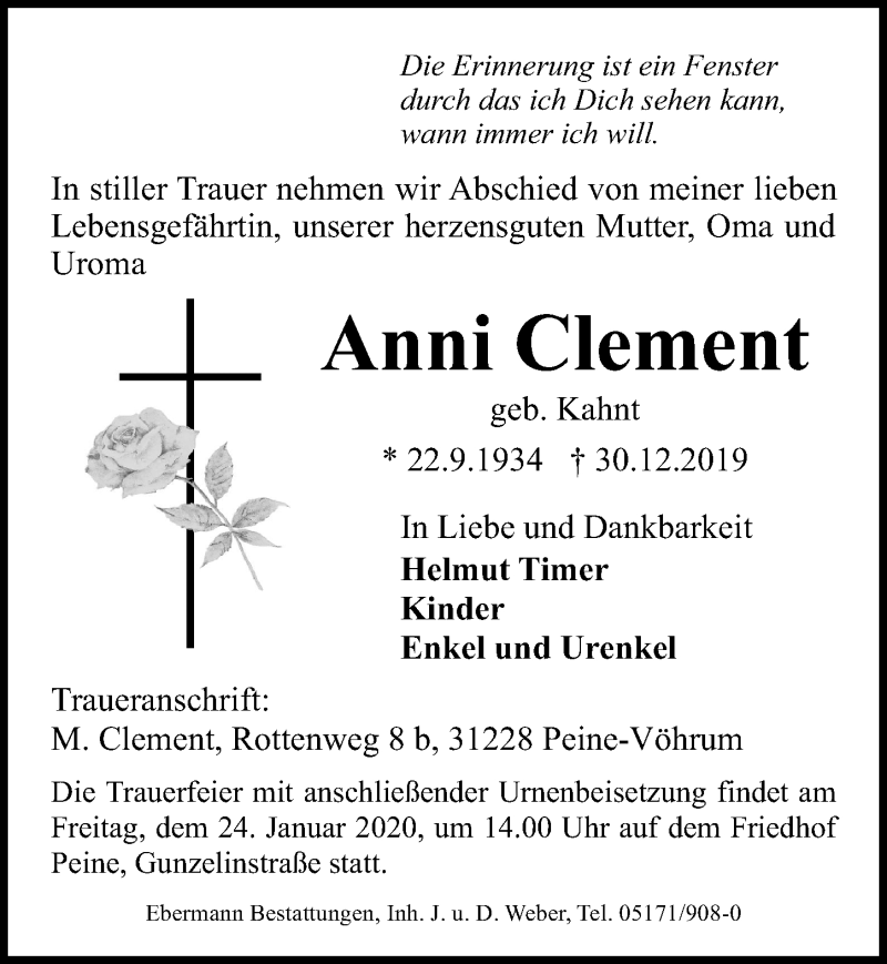  Traueranzeige für Anni Clement vom 11.01.2020 aus Peiner Allgemeine Zeitung
