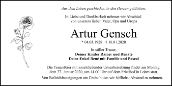 Traueranzeige von Artur Gensch