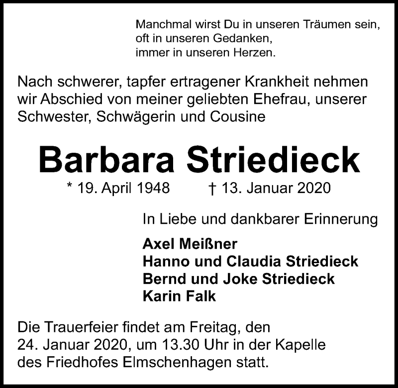  Traueranzeige für Barbara Striedieck vom 18.01.2020 aus Kieler Nachrichten