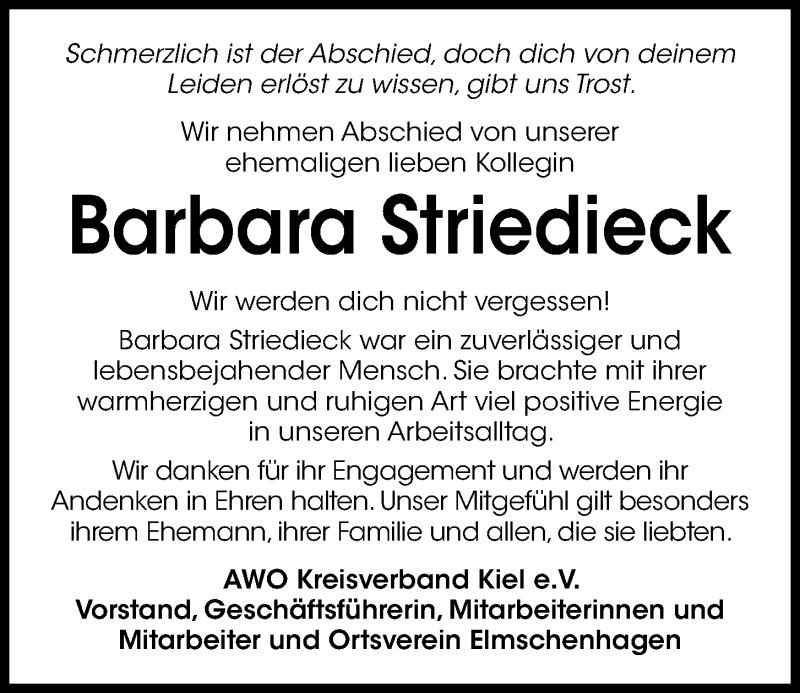  Traueranzeige für Barbara Striedieck vom 18.01.2020 aus Kieler Nachrichten