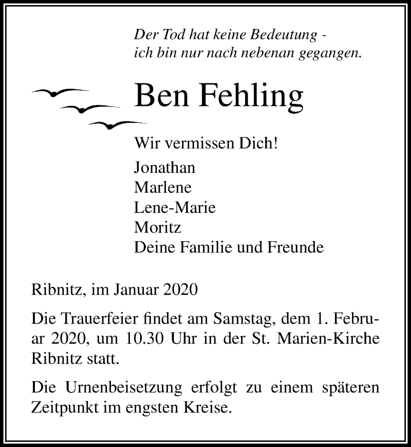  Traueranzeige für Ben Fehling vom 30.01.2020 aus Ostsee-Zeitung GmbH