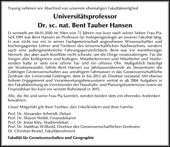 Traueranzeige von Bent Tauber Hansen von Göttinger Tageblatt