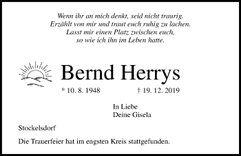 Traueranzeige von Bernd Herrys von Lübecker Nachrichten