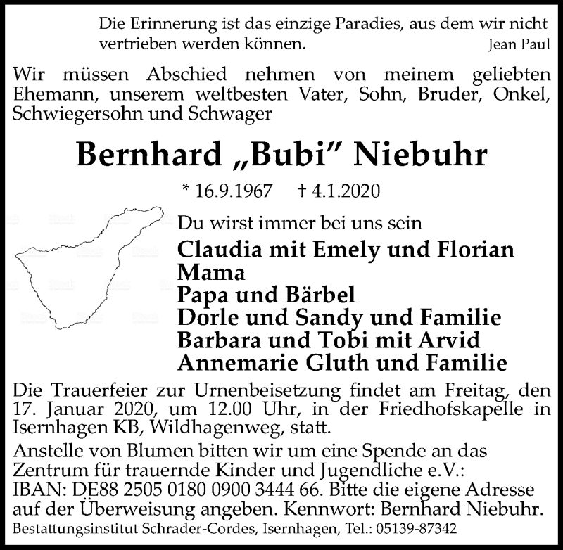  Traueranzeige für Bernhard Niebuhr vom 11.01.2020 aus Hannoversche Allgemeine Zeitung/Neue Presse
