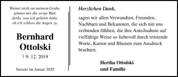 Traueranzeige von Bernhard Ottolski von Lübecker Nachrichten