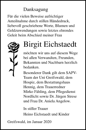 Traueranzeige von Birgit Eichstaedt von Ostsee-Zeitung GmbH