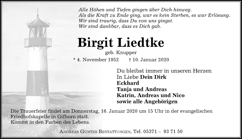  Traueranzeige für Birgit Liedtke vom 14.01.2020 aus Aller Zeitung