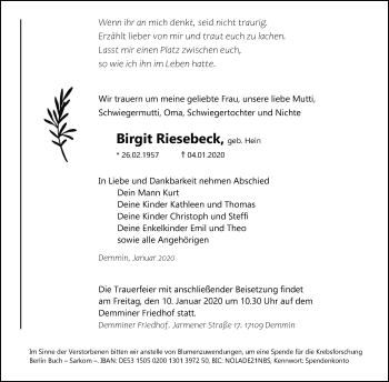Traueranzeige von Birgit Riesebeck von Ostsee-Zeitung GmbH