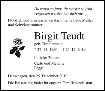 Traueranzeige von Birgit Teudt von Ostsee-Zeitung GmbH