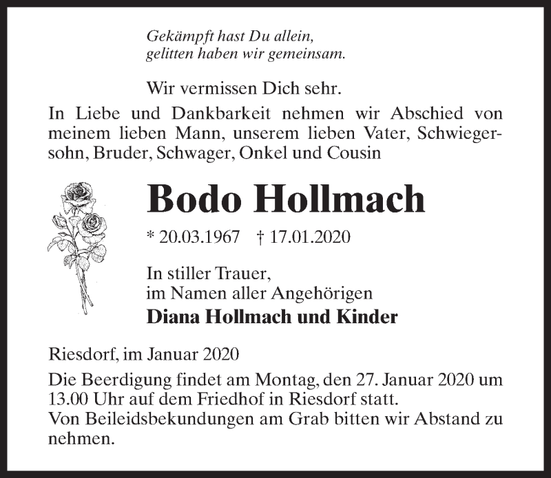  Traueranzeige für Bodo Hollmach vom 23.01.2020 aus Märkischen Allgemeine Zeitung