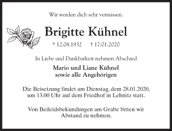Traueranzeige von Brigitte Kühnel von Märkischen Allgemeine Zeitung