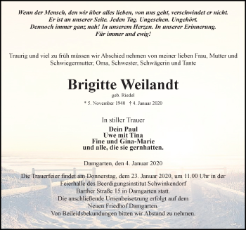 Traueranzeige von Brigitte Weilandt von Ostsee-Zeitung GmbH