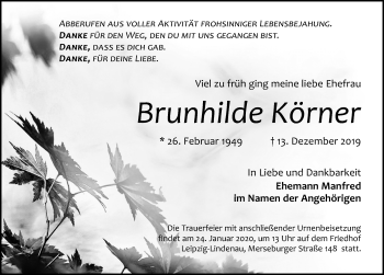 Traueranzeige von Brunhilde Körner von Leipziger Volkszeitung