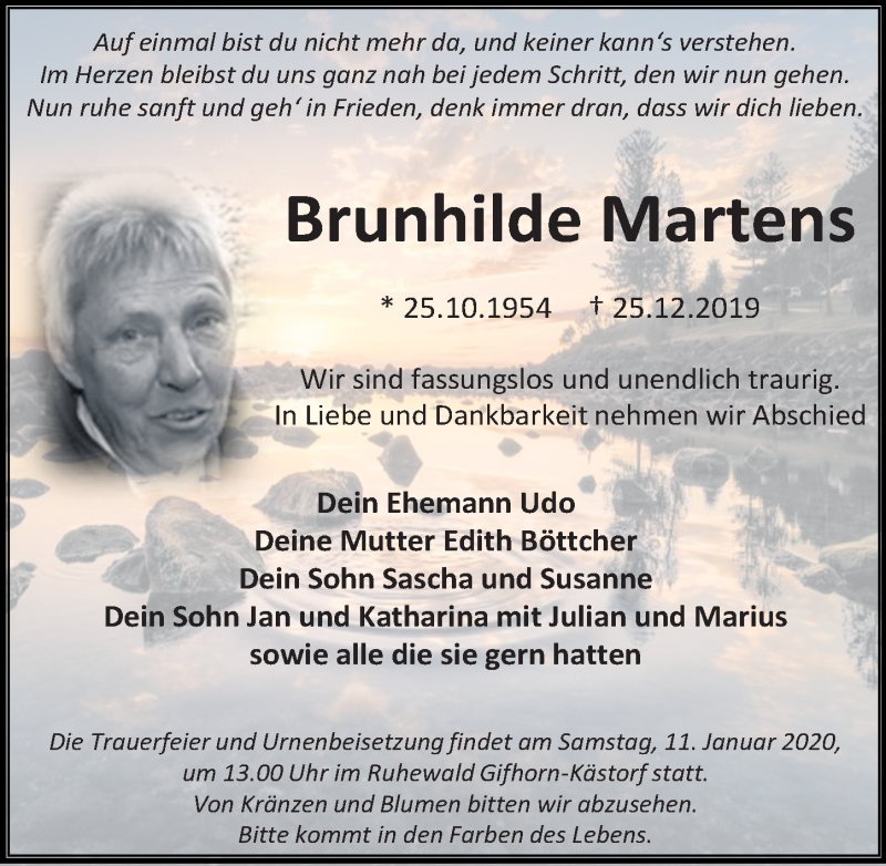  Traueranzeige für Brunhilde Martens vom 04.01.2020 aus Aller Zeitung