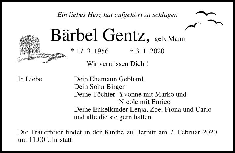  Traueranzeige für Bärbel Gentz vom 18.01.2020 aus Ostsee-Zeitung GmbH