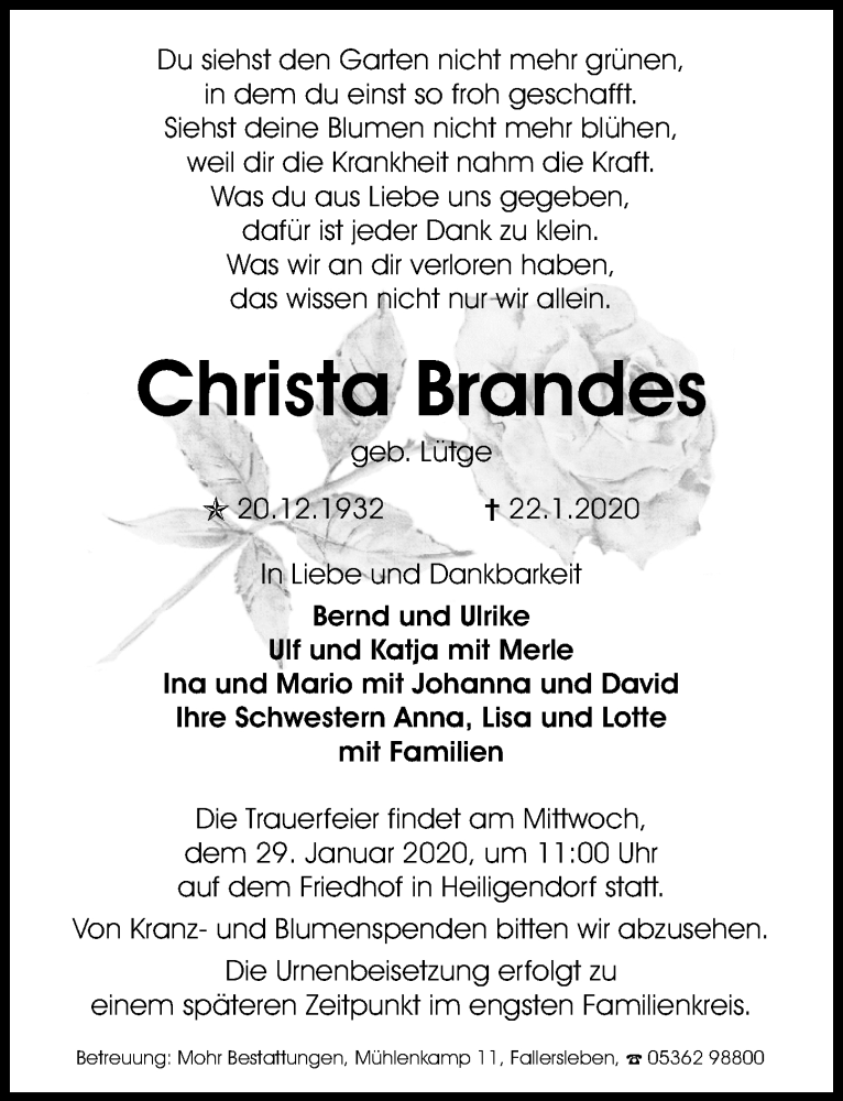  Traueranzeige für Christa Brandes vom 25.01.2020 aus Aller Zeitung