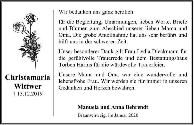  Traueranzeige für Christamaria Wittwer vom 11.01.2020 aus Ostsee-Zeitung GmbH
