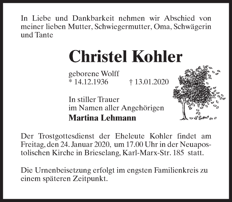  Traueranzeige für Christel Kohler vom 15.01.2020 aus Märkischen Allgemeine Zeitung