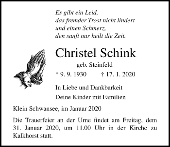 Traueranzeige von Christel Schink von Ostsee-Zeitung GmbH