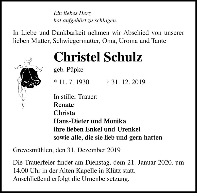  Traueranzeige für Christel Schulz vom 14.01.2020 aus Ostsee-Zeitung GmbH