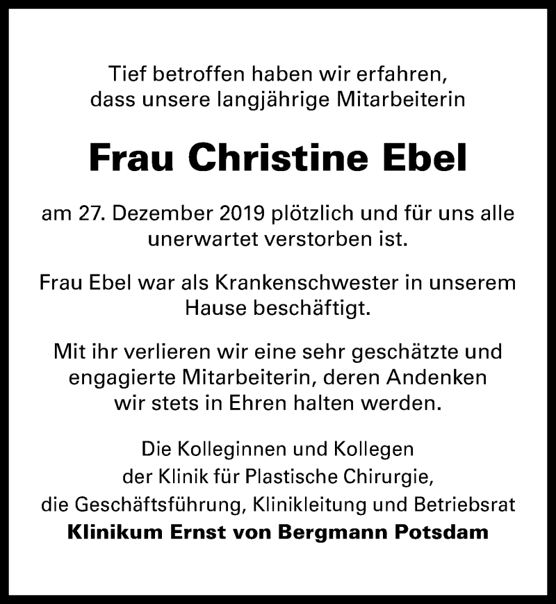 Traueranzeige für Christine Ebel vom 11.01.2020 aus Märkischen Allgemeine Zeitung