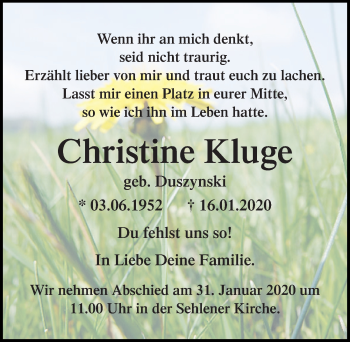 Traueranzeige von Christine Kluge von Ostsee-Zeitung GmbH