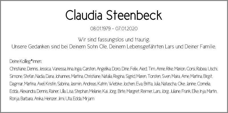  Traueranzeige für Claudia Steenbeck vom 11.01.2020 aus Kieler Nachrichten