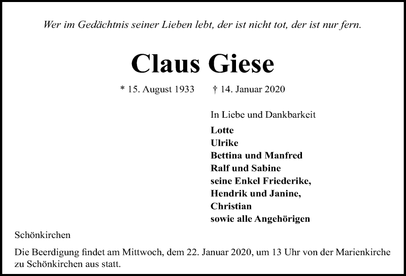  Traueranzeige für Claus Giese vom 18.01.2020 aus Kieler Nachrichten
