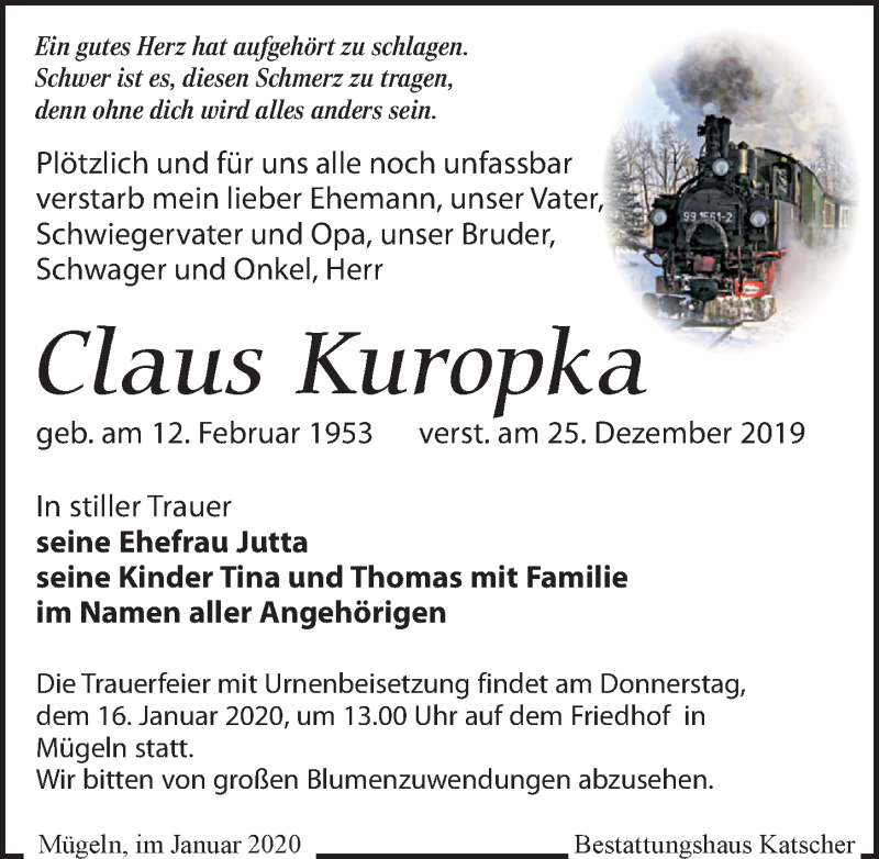  Traueranzeige für Claus Kuropka vom 04.01.2020 aus Leipziger Volkszeitung
