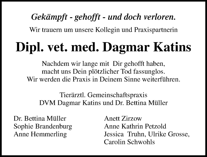  Traueranzeige für Dagmar Katins vom 18.01.2020 aus Ostsee-Zeitung GmbH