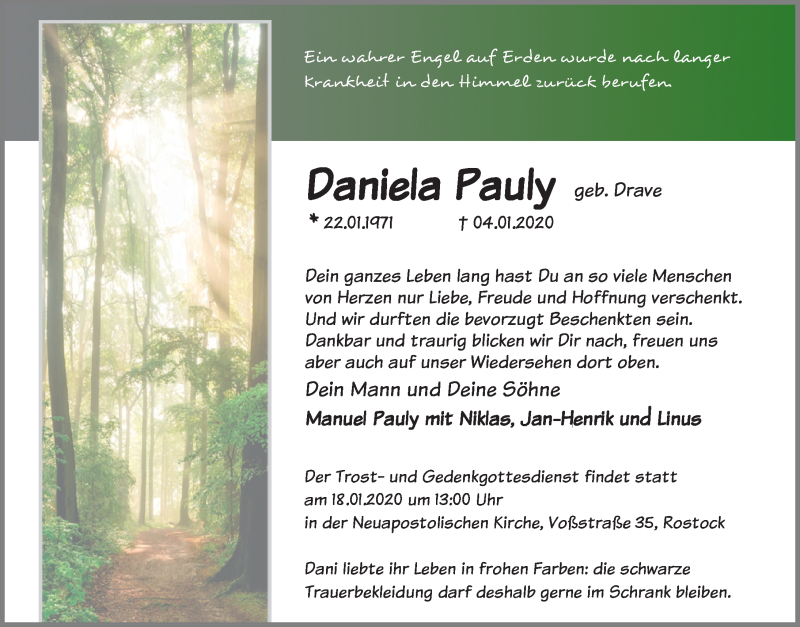  Traueranzeige für Daniela Pauly vom 11.01.2020 aus Ostsee-Zeitung GmbH